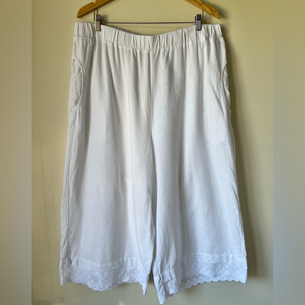 Cynthia Rowley Linen Blend White Wide Leg Pants Lace Eyelet Hem Size 2X - Picture 2 of 7
